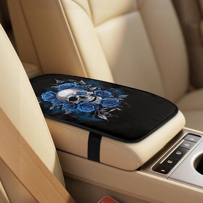 Qeluxign 5 Piece Car Seat Covers Full Set for Men Women Blue Rose Skull PU Leather Front Seats Cover Auto Seatbelt Shoulder Pads Vehicle Center Console Armrest Cover