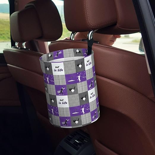 Golf Purple Patchwork Car Trash Can Garbage Cans Foldable,Cute Hanging Car Organizer and Storage Bag Leak Proof, Auto Back Seat Trash Bin Universal for Truck, SUV, Outdoor Travel