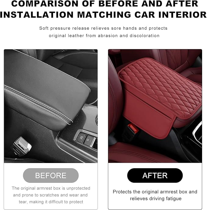 Car Center Console Cover, Waterproof Leather Arm Rest Cushion Pad with 2 Storage Bags, Anti-Scratch Armrest Seat Box Protector Interior Accessories for Most Vehicles (Red)