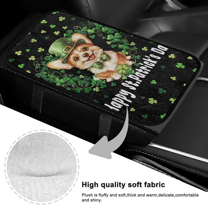 Bulopur St. Patrick's Dog Car Center Console Cover Protector Arm Rest Car Flannel Comfortable Auto Armrest Console Accessories Universal Fit Most Cars Women Men