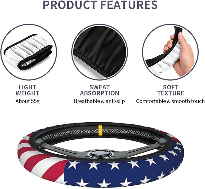 American Flag Steering Wheel Cover for Women Men Girls Car Accessories Decor Anti-Slip Neoprene Auto Steering Wheel Covers Protector Universal 15 Inch