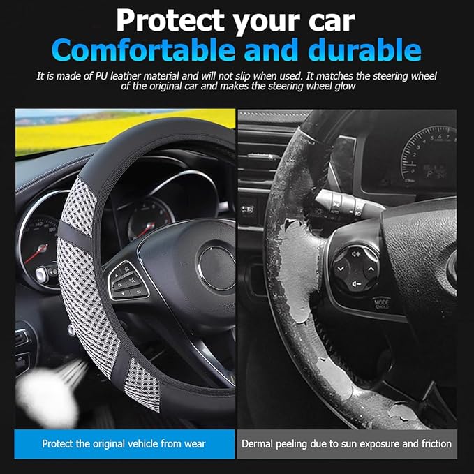 Zipelo Elastic Stretch Car Steering Wheel Cover, Leather Breathable Vehicle Steer Wheel Protective Guard, Anti-Slip Automotive Steer Wheel Protector Accessories, Universal for Most Cars (Light Gray)