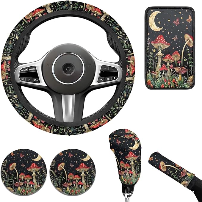 Mushroom Car Accessories 6 PCS Sets for Men Women Car Steering Wheel Cover Armest Cushion Auto Interior Decor for SUV Truck Sedan