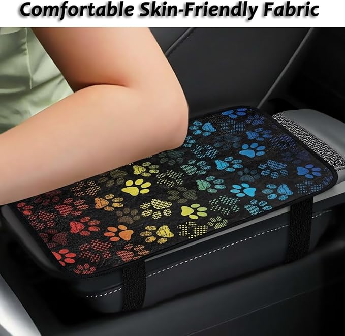 Bulopur Colorful Dog Paw Prints Auto Armrest Console Car Accessories Car Center Console Cover Easy to Install Armrest Console Cover Flannel Thickened Fit for Most Cars, Vehicles, SUVs