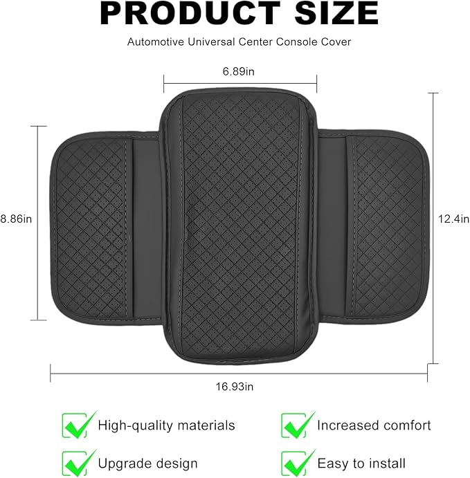 Car Center Console Cover, Microfiber Leather Armrest Cover Cushion with 2 Storage Bags, Anti-Scratch Middle Console Protector Interior Accessories for Most Cars SUVs Trucks (Black)
