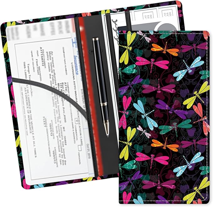 ADUQLZUX Leather Car Registration and Insurance Card Holder, Cute Car Accessories Vehicle Glove Box Car Organizer for Documents, Cards, License Colorful Dragonfly