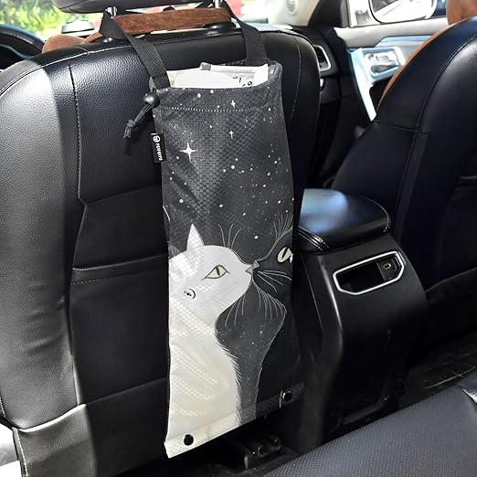 ALAZA Hanging Car Trash Bags Garbage Bag Trash Can for Back Seat Small Black Cat White Cat Washable Storage Bag Retractable 2 Pack