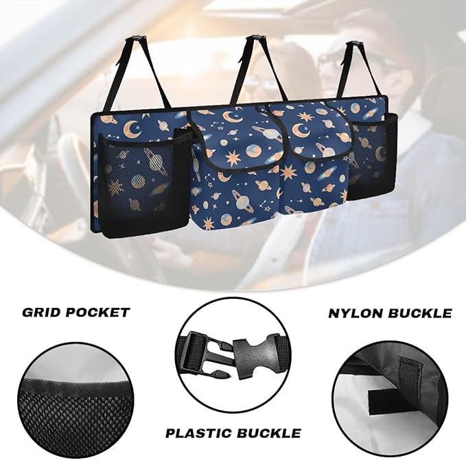 Car Trunk Organizers, Space Planets 37.1" x 11.8" Backseat Hanging Organizer with 4 Storage Bag, Waterproof Car Organizer with Adjustable Strap, Road Trip Large Capacity Bag for Car SUV