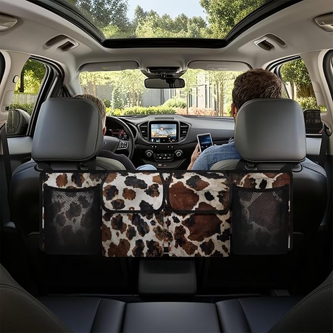Brown Cow Car Organizer, Trunk Organizer for SUV, Car Trunk Organizer and Storage, Car Interior Accessories Backseat Hanging Organizer with 4 Pockets, Waterproof Storage Bag for Car