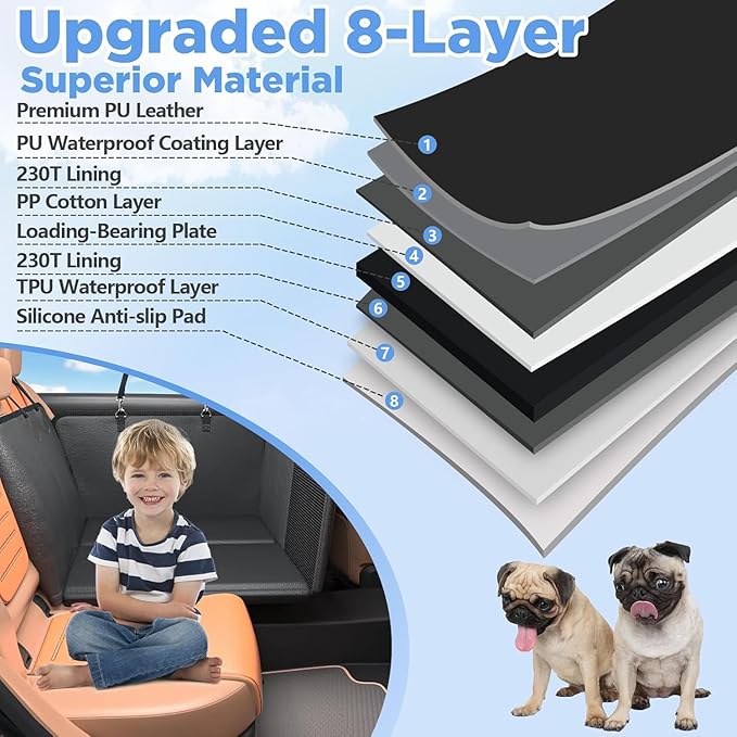 MYJAQI Back Seat Extender for Dogs, Waterproof Dog Car Seat Cover for Back Seat with Hard Bottom, 2025 Upgraded Material, 100% Waterproof, Safer, Easy to Use and Clean, Holds 400lbs