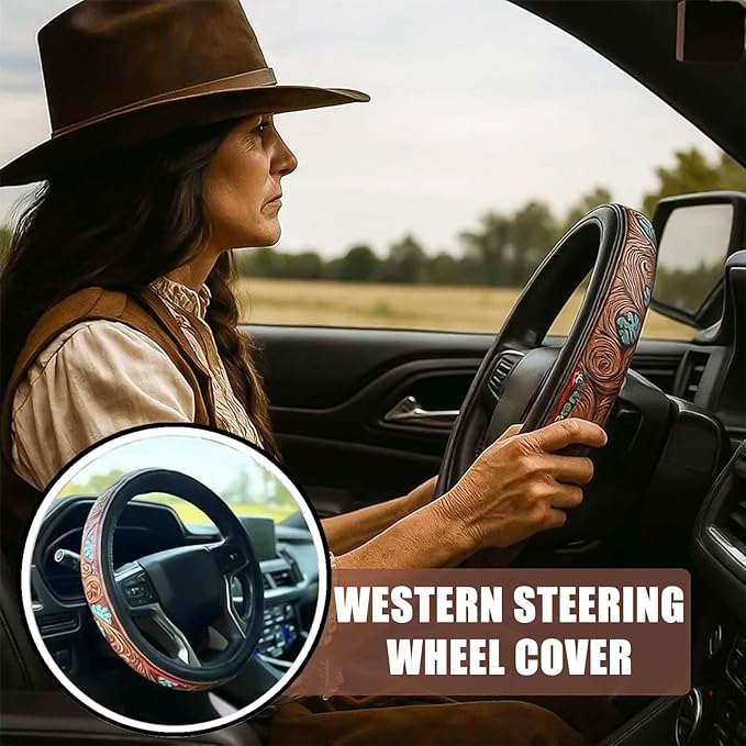 Retro Western Cowboy Car Universal Steering Wheel Cover, Embossed Handcrafted Tooled Leather Western,Anti Slip, Auto Interiors Accessories,Breathable for Trucks SUVs Cars (C)