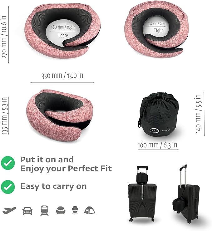 LuxeVoy 2025 Travel Neck Pillow with Stowable Hood,Ergonomic Neck Pillow Airplane,Premium Memory Foam,360º Contoured Design,Washable Cover,Complete Travel Set,for Flight,Car and Office (Pink)