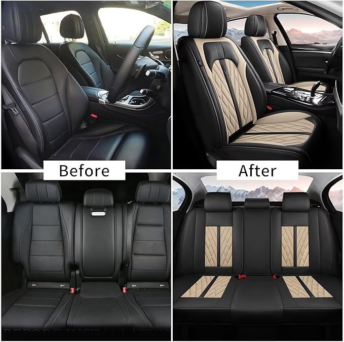 Seat Covers for Car Full Set Fit For Lincoln MKZ 2012-2020, Leather Seat Covers Breathable Waterproof Seat Protectors Automotive Seat Cushion with Airbag Compatible (5 Seats, Black&Beige)
