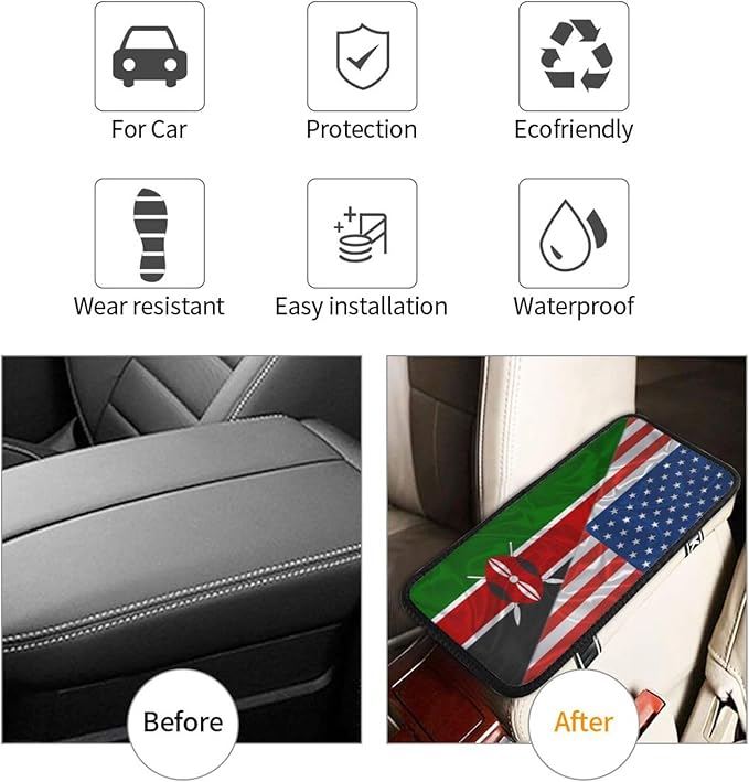 America and Kenyan Triangle Flag Car Armrest Pads Auto Seat Handrail Box Decoration Cushion Car Center Console Cover Pad Protector Universal Fit Most Cars Vehicles