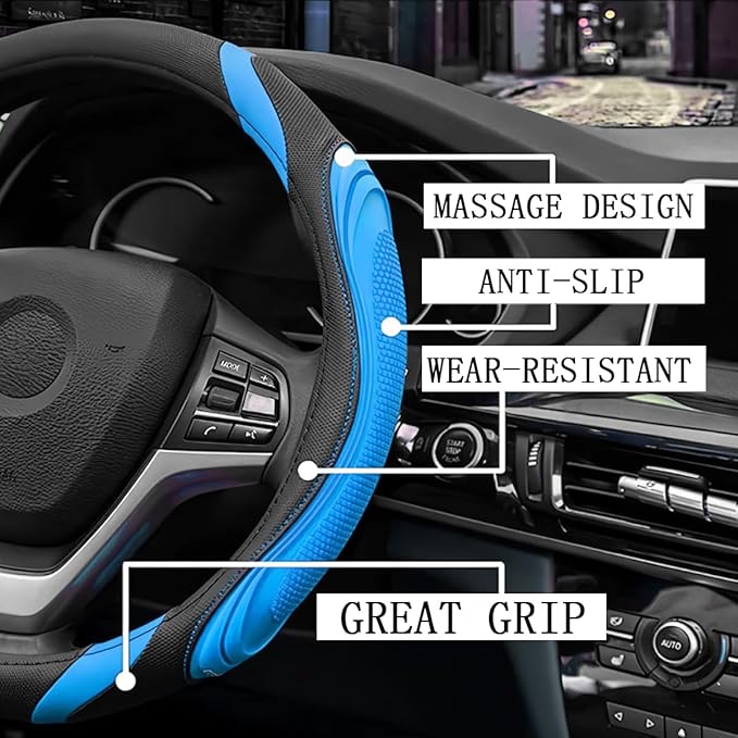 15 Inch Car Leather Steering Wheel Cover, Automotive Accessories Elastic Breathable Anti-Slip Soft Wheel Protector Fits Men and Women, Suitable for SUVs, Trucks, Vehicles and RVs (Blue)