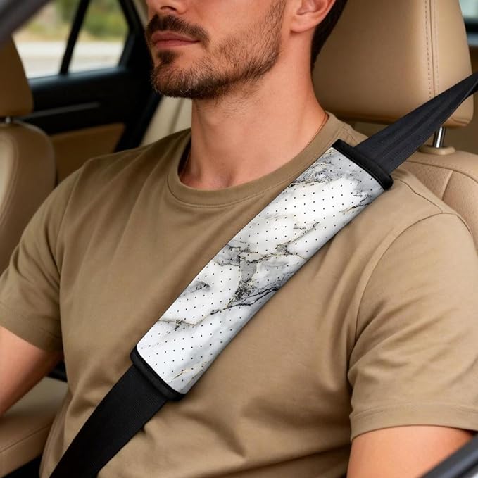 Psesaysky White Marble 2PCS Leather Car Seat Covers for Front Seats + 2 Seat Belt Covers + 1 Armrest Cover, Universal Fit for Cars Trucks SUVs (5PCS Full Set)