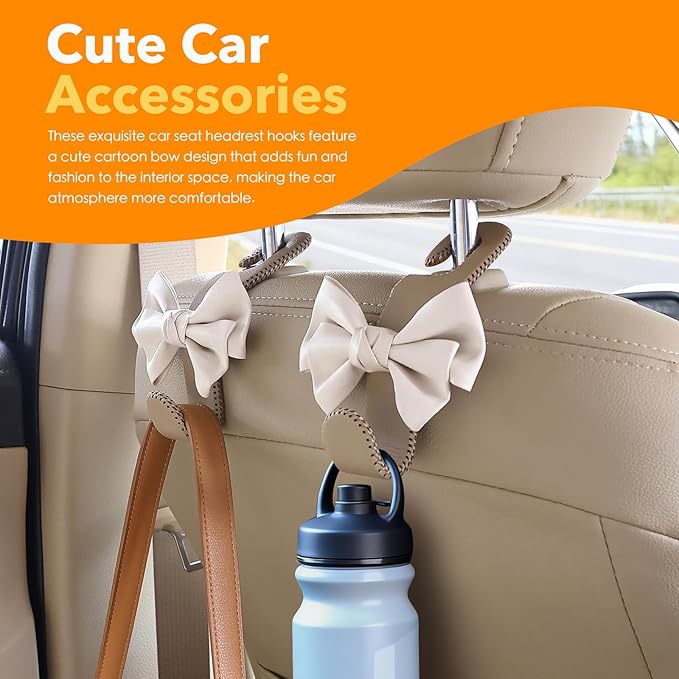 TISOHUGO Car Purse Hook, Cute Bow Hooks for Headrest - Leather U-Shaped Purse Holder for Car, Flexible Seat Back Organizer & Durable Vehicle Accessories for Bags, Coats & More (Beige-2 Pack)