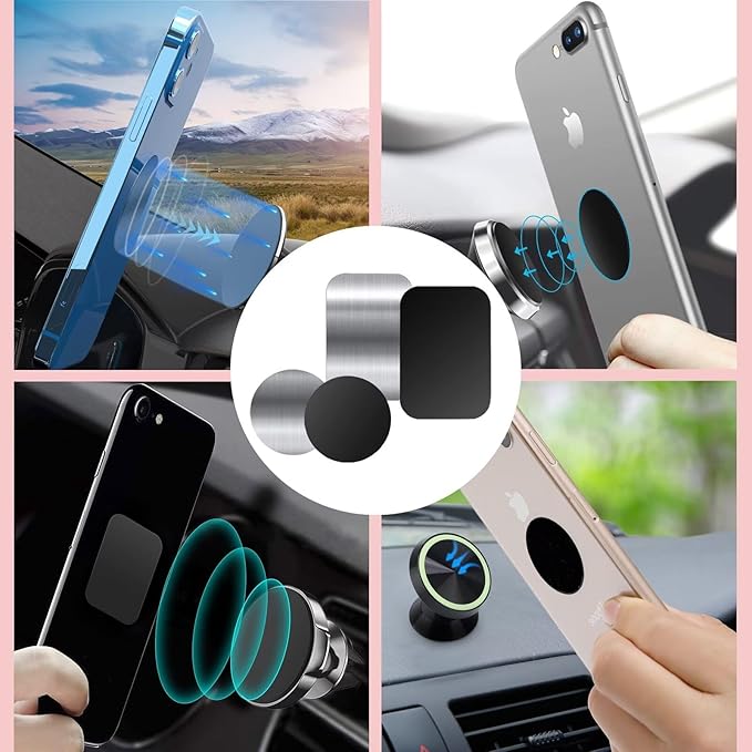 Adhesive Thin Metal Plates(Compatible with Magnetic Mounts),4 Piece Metal Plates for Phone Case for Car.(2 Rectangle and 2 Round) S-07N(Black+Silver)