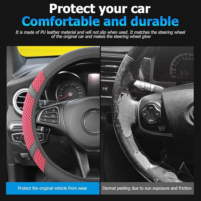 Zipelo Elastic Stretch Car Steering Wheel Cover, Leather Breathable Vehicle Steer Wheel Protective Guard, Anti-Slip Automotive Steer Wheel Protector Accessories, Universal for Most Cars (Red)