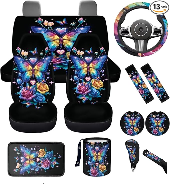 Dngkaoje Butterfly Car Seat Covers Full Set 13 Pack Women Auto Interior Seat Protective for Front and Rear Cute Butterfly Print Car Accessories for Ladies Girly Hanging Trash Bag,Seatbelt Pads
