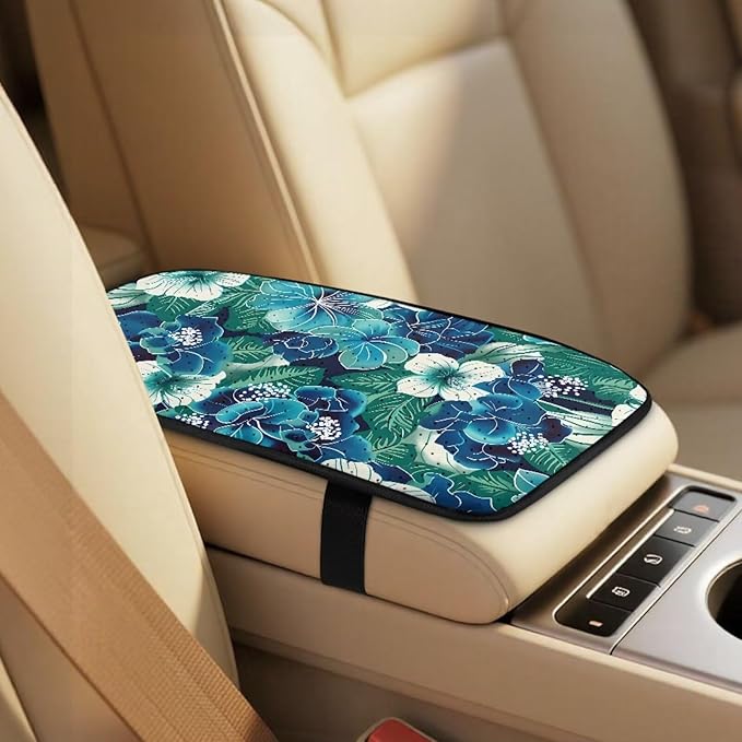 Qeluxign Hibiscus Floral Air Mesh Car Seat Covers & Accessories 5-Piece Set 2 Seat Covers, 2 Shoulder Belt Pads, 1 Console Pad PU Leather Car Interior Set for Women