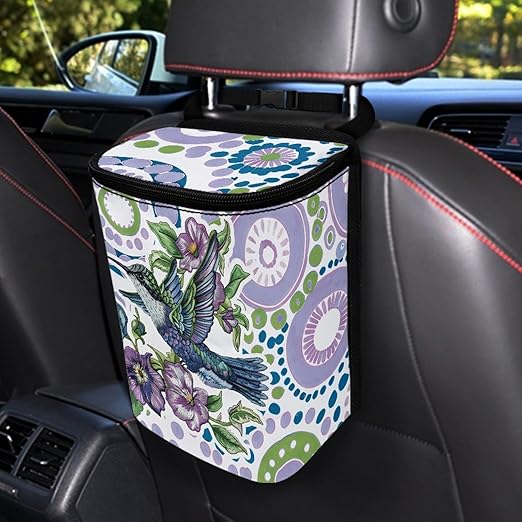 Hummingbird Floral Art Car Trash Can, Colorful Bird Flower Pattern Auto Garbage Bin for Back Seat