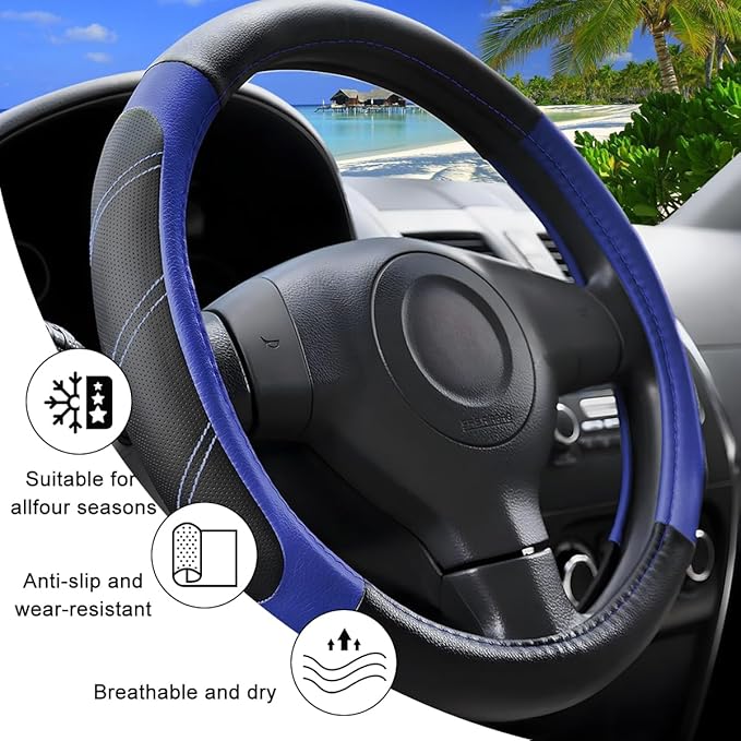 Car Steering Wheel Cover, 15 Inch Carbon Fiber Leather Non-Slip Steering Wheel Protector with Lining, Breathable Automotive Interior Accessories, Universal for SUV RV Truck (Blue)