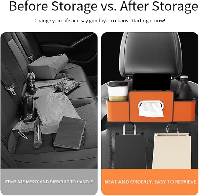 Car Back Seat Organizer with Hooks & Tissue Dispenser – Faux Leather Storage Box with Cup Holders, Multi-Compartment for Sunglasses & Chargers, Compatible with Most Seat Beige 1pc