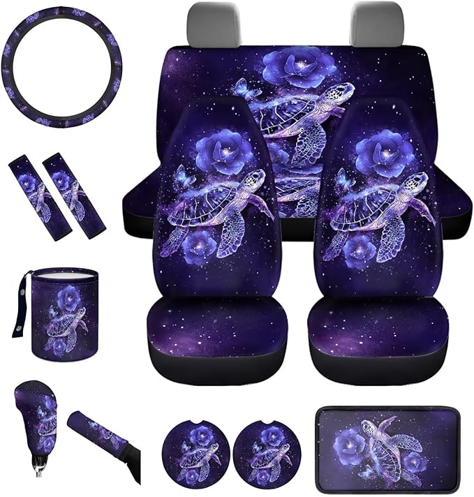 DNGKAOJE Purple Sea Turtle Car Seat Covers Full Set for Men Women Auto Interior Protector Front Back Seat Rugs 13 Pcs Animal Sea Turtle Steering Wheel Cover Car Armrest Pad Cover,Handbrake Shift Cover