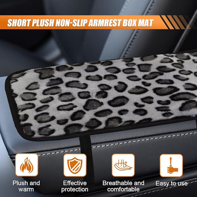 Craedli Leopard Print Car Center Console Cover, Fluffy Soft Car Arm Rest Protective Cushion with Elastic Band, Comfortable Warm Auto Interior Armrest Box Decoration Pad for SUV Truck (Gray)