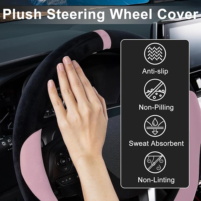 COFIT Plush Steering Wheel Cover Winter, Soft Warm Furry Grip Protector for Cars SUVs Trucks, Fits 14.5-15 Inch, Non-Slip Interior Accessory, Pink