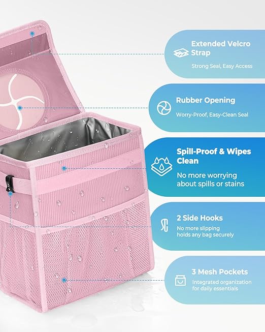 HORJONES Corduroy Car Trash Can with Lid and Mesh Pockets - Leakproof Organizer,Multipurpose Waterproof Garbage Can/Trash Bin for Car(Light Pink-2 Gallons)