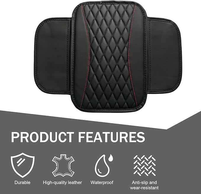 Car Center Console Cover, Patchwork Leather Armrest Cover Cushion with 2 Storage Bag, Waterproof Comfortable Auto Arm Rest Pad, Universal Center Console Protector for Sedan, SUV (Black)