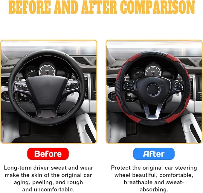 Car Steering Wheel Cover, 15 inch Carbon Fiber Microfiber PU Leather Elastic Steering Wheel Protector for Unisex, Anti-Slip Breathable Car Interior Accessories for Most Cars (Wine Red)