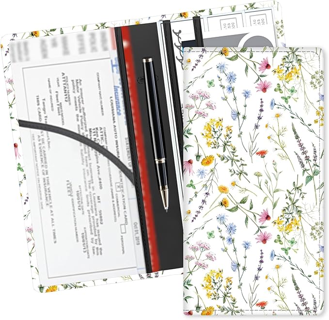 ADUQLZUX Leather Car Registration and Insurance Card Holder, Cute Car Accessories Vehicle Glove Box Car Organizer for Documents, Cards, License Beautiful White Flowers