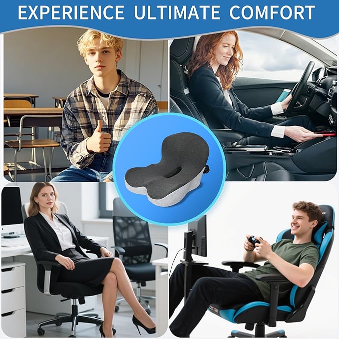 XZdream Memory Foam Seat Cushion,Office Chair Cushion with Lumbar Support for Back Pressure Relief, Car Seat Cushion with Adjustable Strap,Sciatica Pad Cushions for Car,Truck, Desk,Gaming Chair