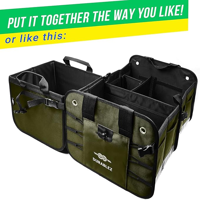 DURABLEZ Heavy Duty 3-Section Trunk Organizer – Extra Large Collapsible & Foldable Cargo Box, Modular Car Storage System for SUV, Truck, Van – Green
