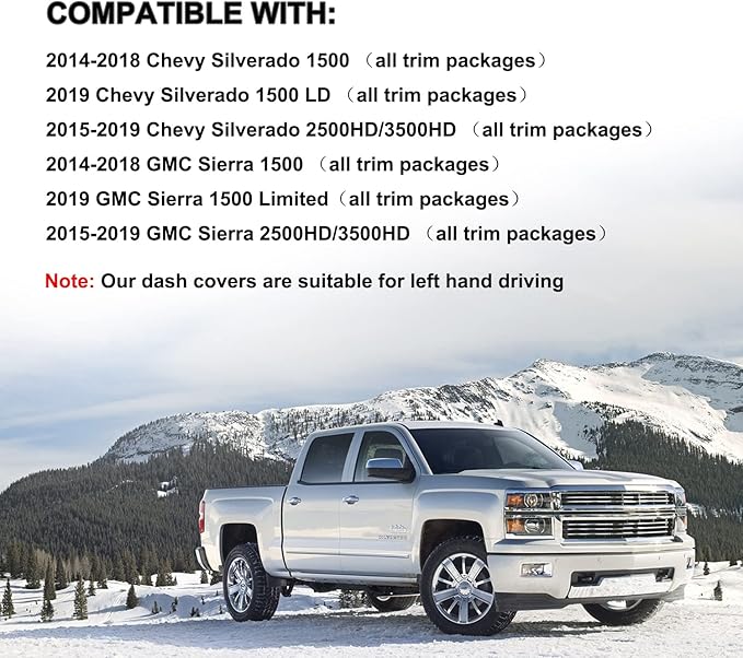 Dash Cover Custom Fit for 2014-2018 Chevy Chevrolet Silverado/GMC Sierra 1500,2015-2019 Chevy Silverado/GMC Sierra 2500HD 3500HD,Dashboard Pad Carpet no Forward Collision Alert (14-18,Black) Y32