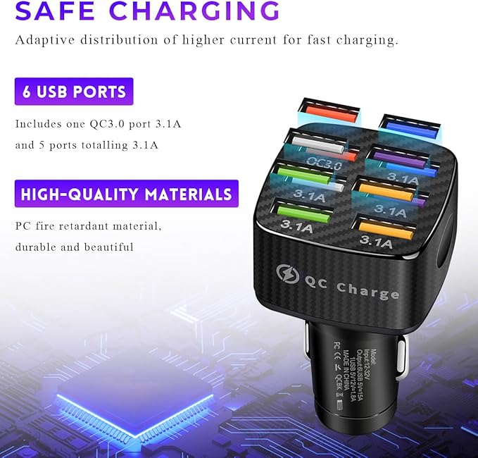 Car Charger Adapter, 6 USB Multi Port Fast Charging Cigarette Lighter Charger Adapter, Car Fast Charger Include QC 3.0 and 5 Other Ports for Most Cell Phones, Car Accessories (Black)