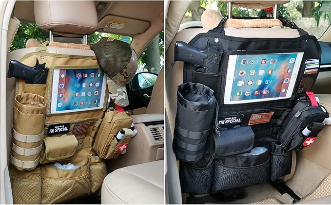 Upgrade Tactical Seat Back Organizer Molle Car Seat Organizer with 4 Detachable Pouches: Trauma Medical Pouch, Water Bottle Pouch, Vehicle Protector Organizers (Modern B Black)