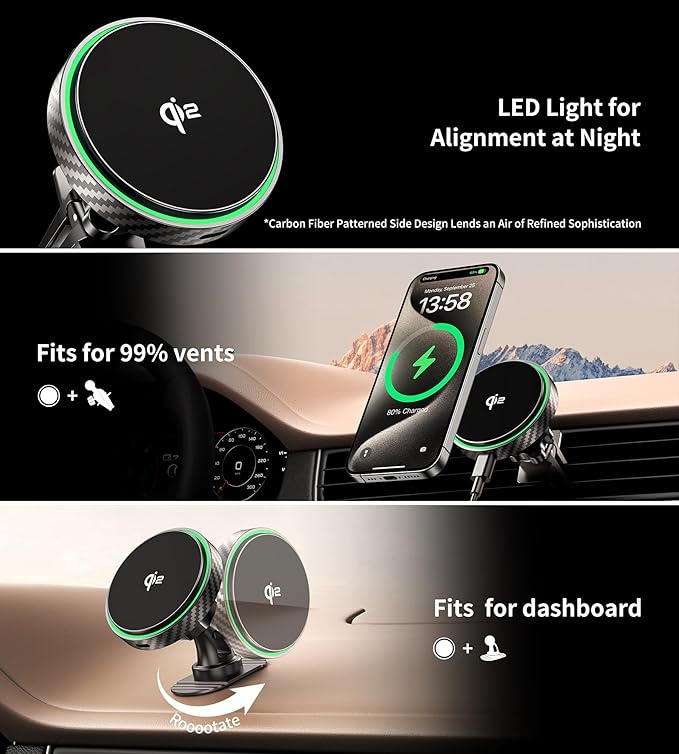 for Magsafe Car Mount Charger 2025 New [Qi2 Certified-15W], 360° Rotatation [Dash & Vent] Wireless Car Charger, for iPhone 17 16 15 14 13 12 Series, for Magnetic iPhone Car Accessories, Black