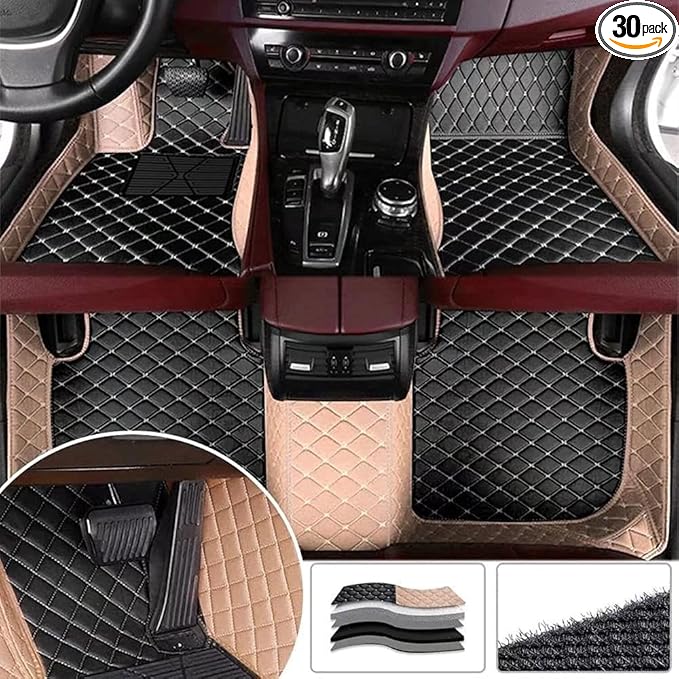 Custom Luxury Leather Car Floor Mats Upgrade Your Car's Interior All-Weather Protection for Cars, SUVs, Trucks Compatible with Automotive Mats (Beige+Black Beige)