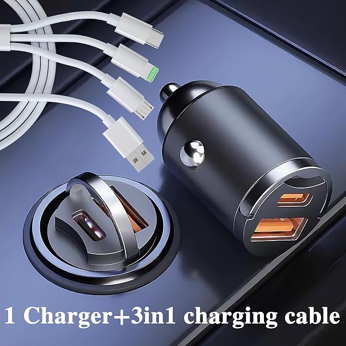 130W Mini Car Charger+3in1 USB Cable Fast Charging[QC100W+PD30W] Invisible Flush Fit Cigarette Lighter Adapter with Type C Cable,Dual Port for iPhone iPad Samsung MacBook Laptop Dashcam