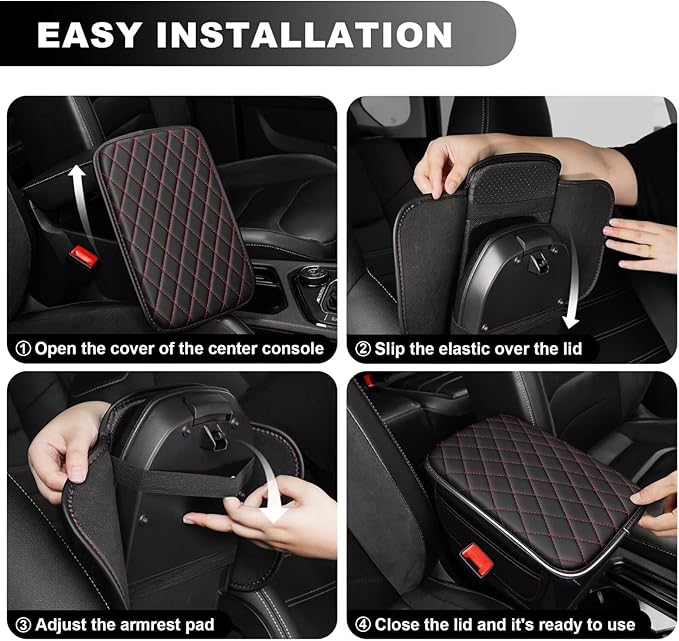 Upgraded Car Center Console Cover Fit for Venza Faux Leather Car Armrest Cover Cushion with 2 Storage Bags,Car Armrest Storage Box Interior Accessories(Black&Redline)