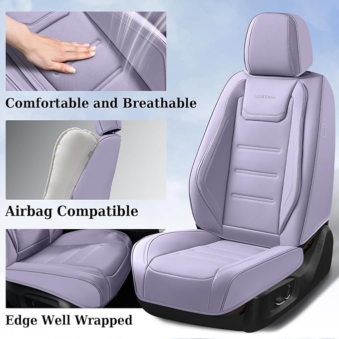 Coverado Car Seat Covers, Front Covers for Cars, Car Seat Cover Front Seats, Car Seat Protector Waterproof, Leather Car Seat Cushion, Universal Interior Covers Seat Protectors for Most Cars Purple