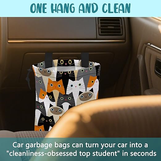 KXWQTRDD Car Trash Bag Cute Cartoon Cats Leak-Proof Waterproof Car Garbage Bag with Drawstring Foldable Canvas Trash Bin with Adjustable Buckle for Car Accessories, Travelling, Camping