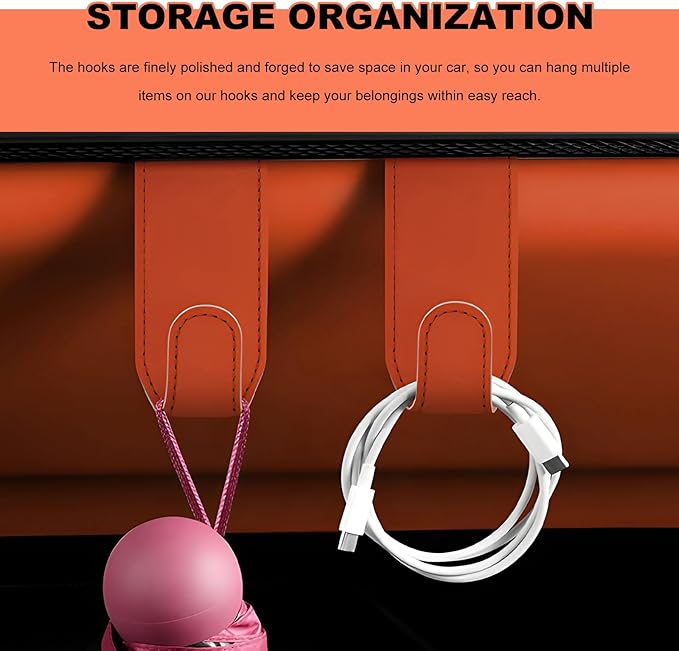 2 PCS Car Co-Pilot Glovebox Hooks, Anti-Scratch Leather Auto Glove Box Storage Hangers, Vehicle Glovebox Organizer Passenger Seat Hanging Hooks for Handbag Purse Umbrellas (Orange)