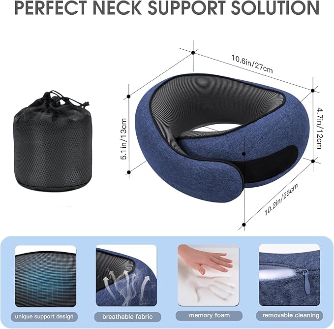Dujuanus Neck Travel Pillows for Airplanes Memory Foam Neck Comfort Pillow Compact Ergonomic Design Sleeping Essentials for Long Flights Car Rides and Home Use (Blue)
