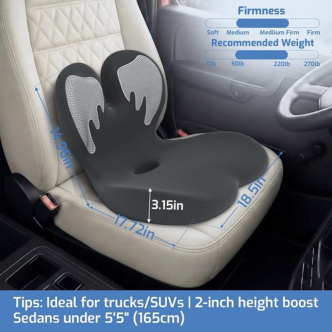 Trucker Seat Cushion, Car Seat Cushion Memory Foam Ergonomic Lumbar & Tailbone Support Pillow for Hemorrhoid, Coccyx & Sciatica Relief, for RV, SUV, Office Chair, Wheelchair (White)