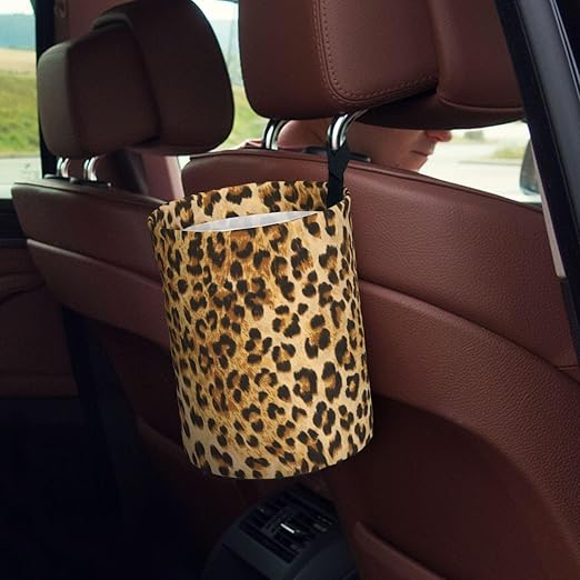 KXWQTRDD Car Garbage Bag Brown Leopard Mini Car Trash Bin Portable Collapsible Waterproof Rubbish Bag for Car Accessories Back Front Seat Cup Holder